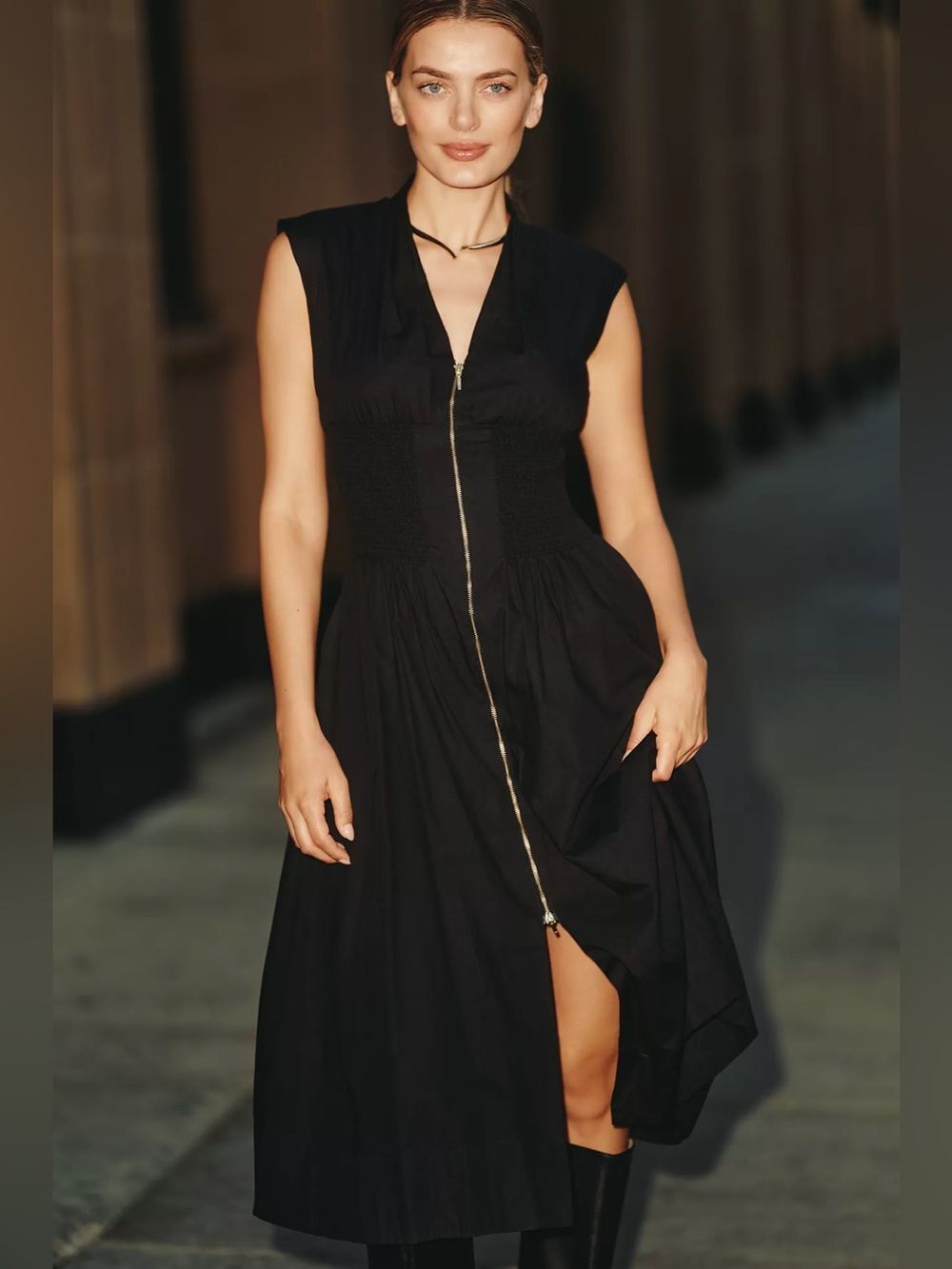 Anthropologie The Tommie Cap-Sleeve Smocked Front-Zip Midi Shirt Dress Size Xs